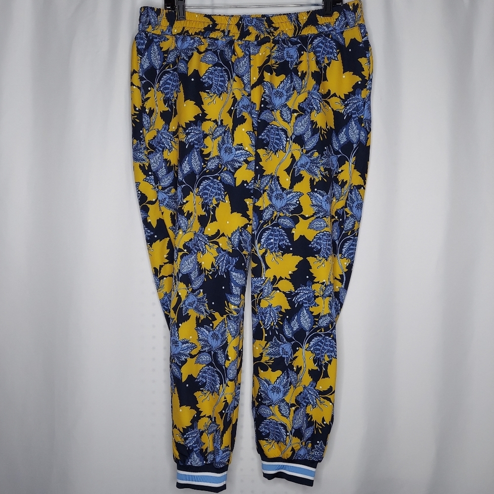 Eloquii Pants Women 16 Floral Jogger Elastic Pullon Pocket Stretch Blue Yellow